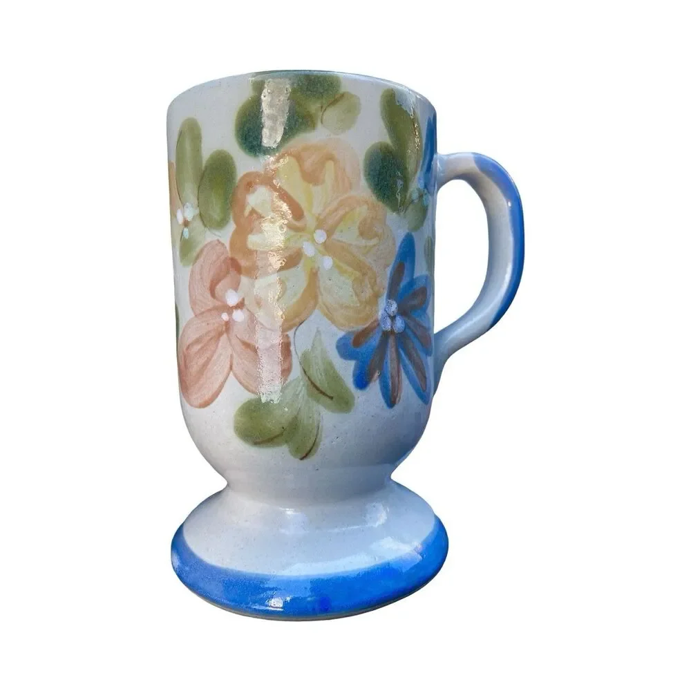 Louisville Stoneware Pedestal Mug Vintage Country Flower Blue Made In Kentucky